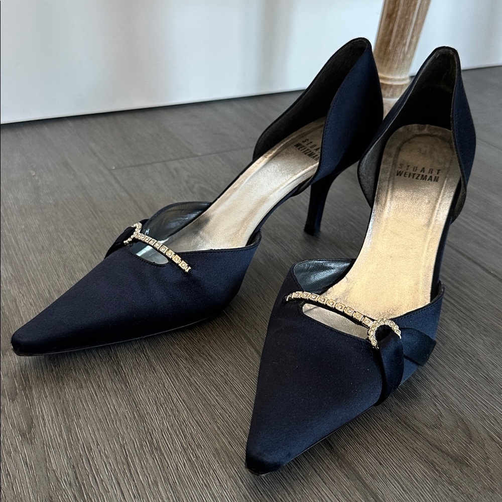 Stuart Weitzman Navy Satin Duchess Heels 7.5